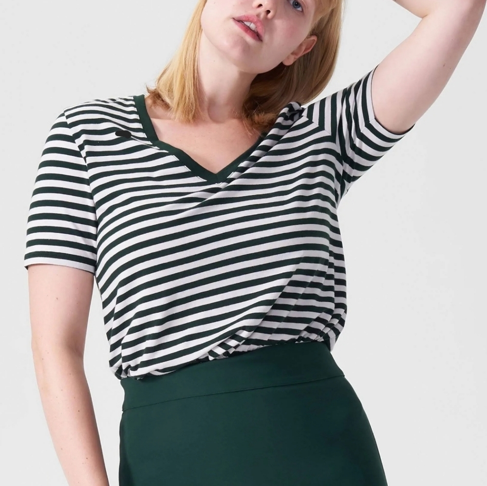 Universal Standard XS V-Rex T-shirt Forest Green and Bone Stripe.